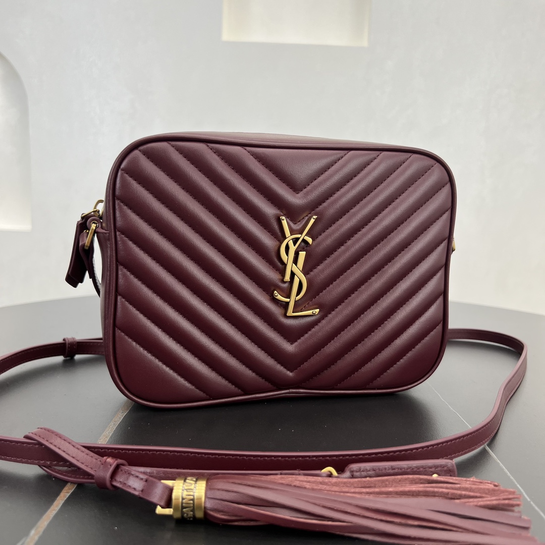 Saint Laurent LOU Camera Quilted Calfskin Shoulder Bag Handbag Wine Red 715232 Gold